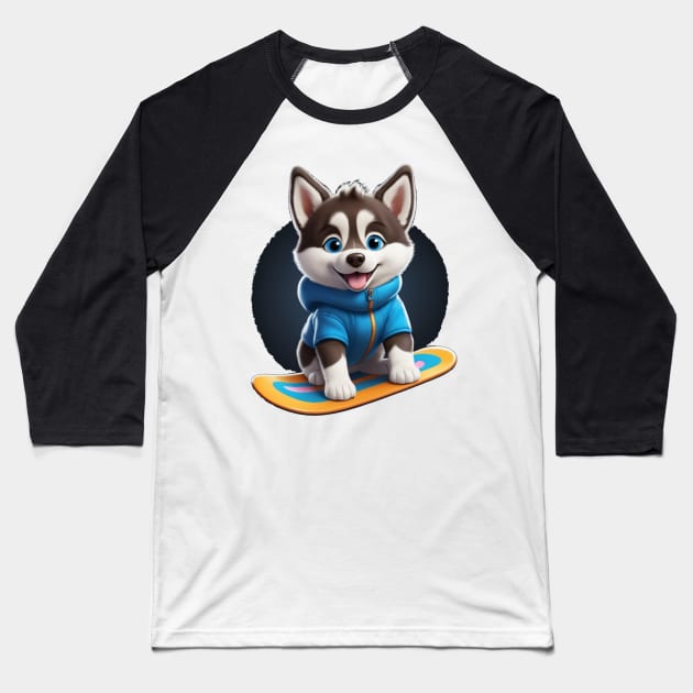 Cute Snowboarding Husky Puppy Baseball T-Shirt by nicecorgi